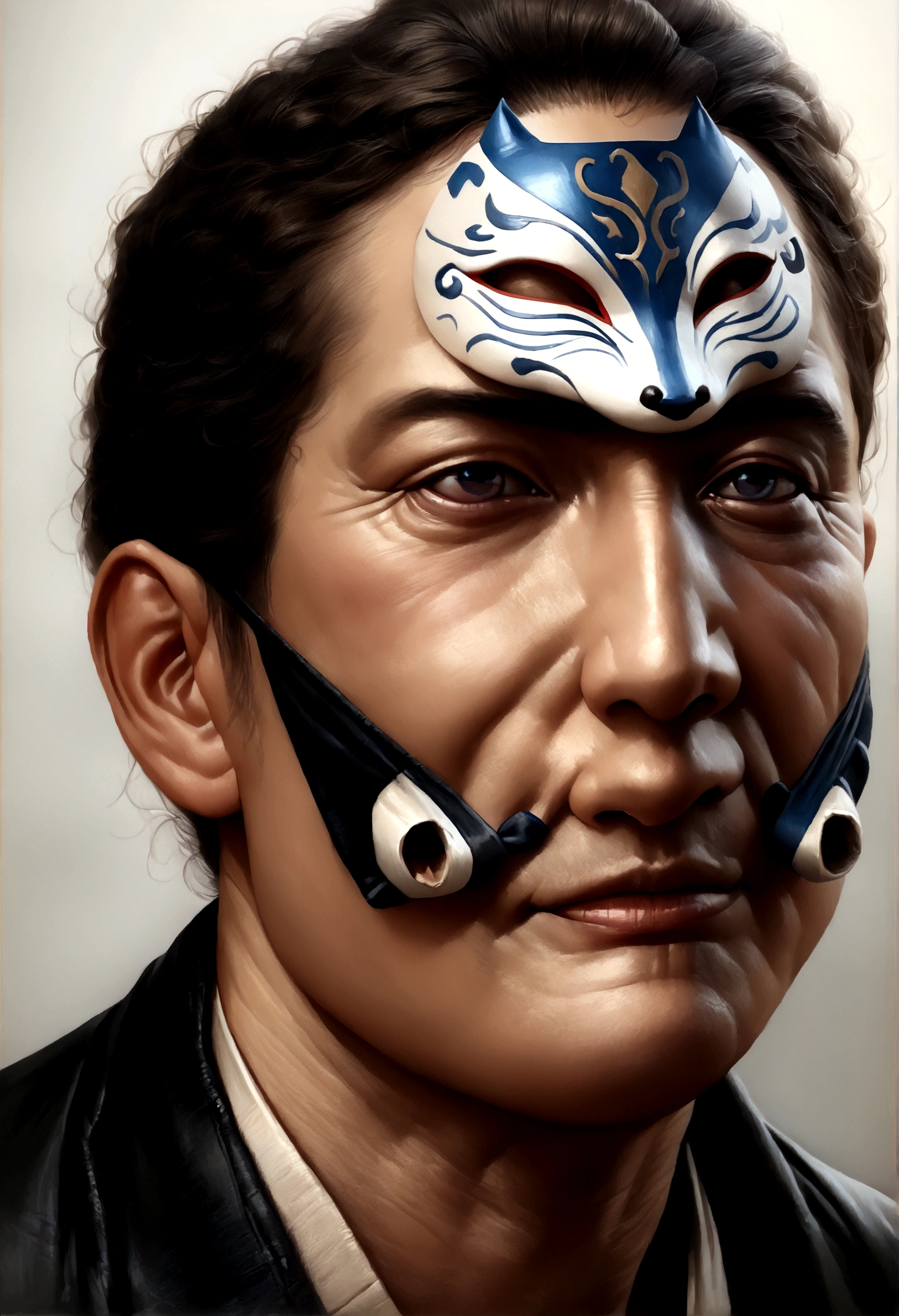 (Highest quality,4K,8K,High resolution,masterpiece:1.2),Super detailed,(Realistic,photoRealistic,photo-Realistic:1.37),White Ninja,Japanese demon mask,Black clothes,Menacingly,Sharp focus,High resolution,Professional,Vibrant colors,Ninja art style,It's dim,Subtle Shadows,A calm and tense atmosphere、Fox Mask