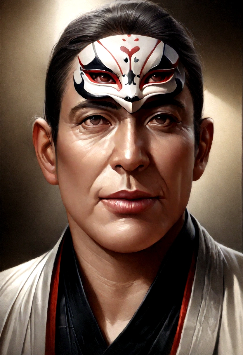 (Highest quality,4K,8K,High resolution,masterpiece:1.2),Super detailed,(Realistic,photoRealistic,photo-Realistic:1.37),White Ninja,Japanese demon mask,Black clothes,Menacingly,Sharp focus,High resolution,Professional,Vibrant colors,Ninja art style,It's dim,Subtle Shadows,A calm and tense atmosphere、Fox Mask