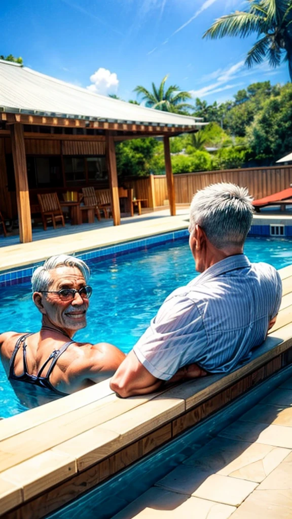 Pool 、Beer 、Luxury cruiser pool、An old man filled with joy surrounded by beautiful women