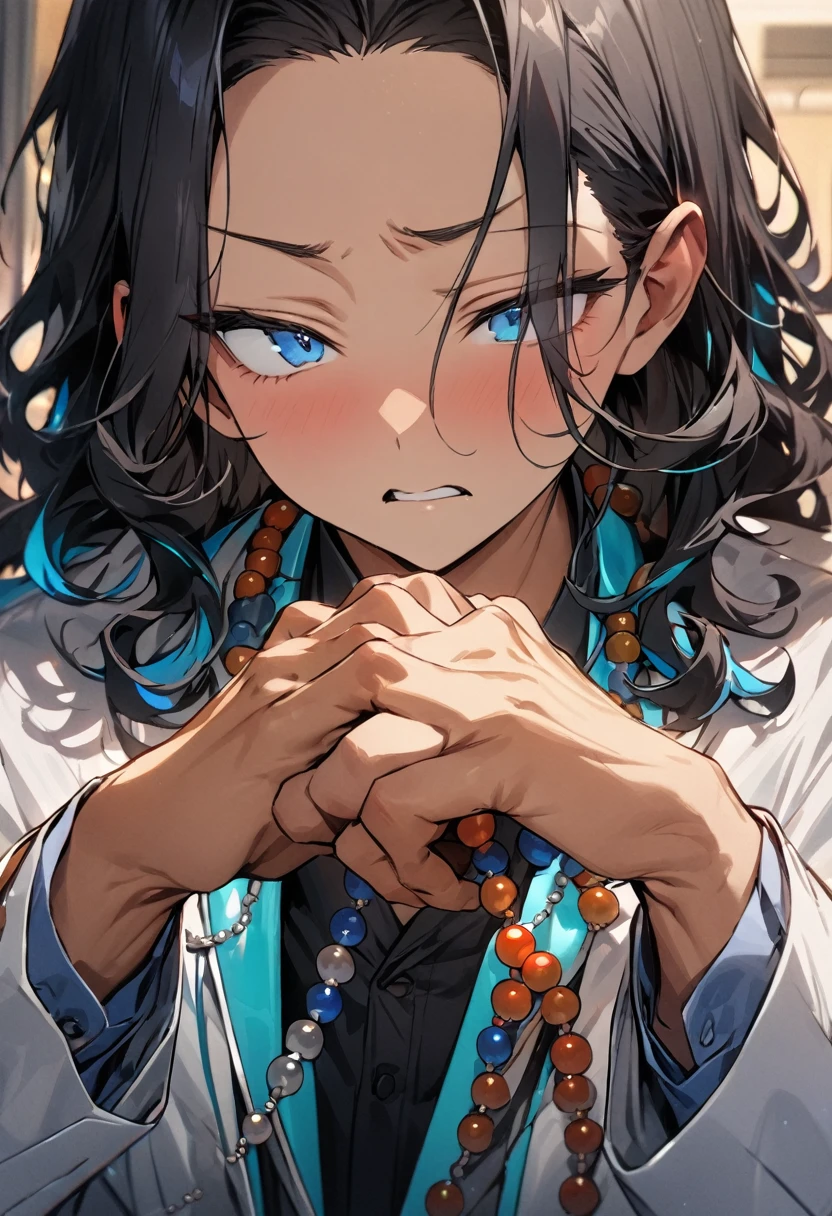 (( straight face picture )) ((best quality)), (Masterpiece)), (details), ( Beautiful colors ) ( ornamentation ) ,doctor ,young man , Tanned skin , black hair ,blue eyes ,Shoulder-length hair ,Slightly curly hair , open forehead , suit ,doctor , Put the beads together in your hands.