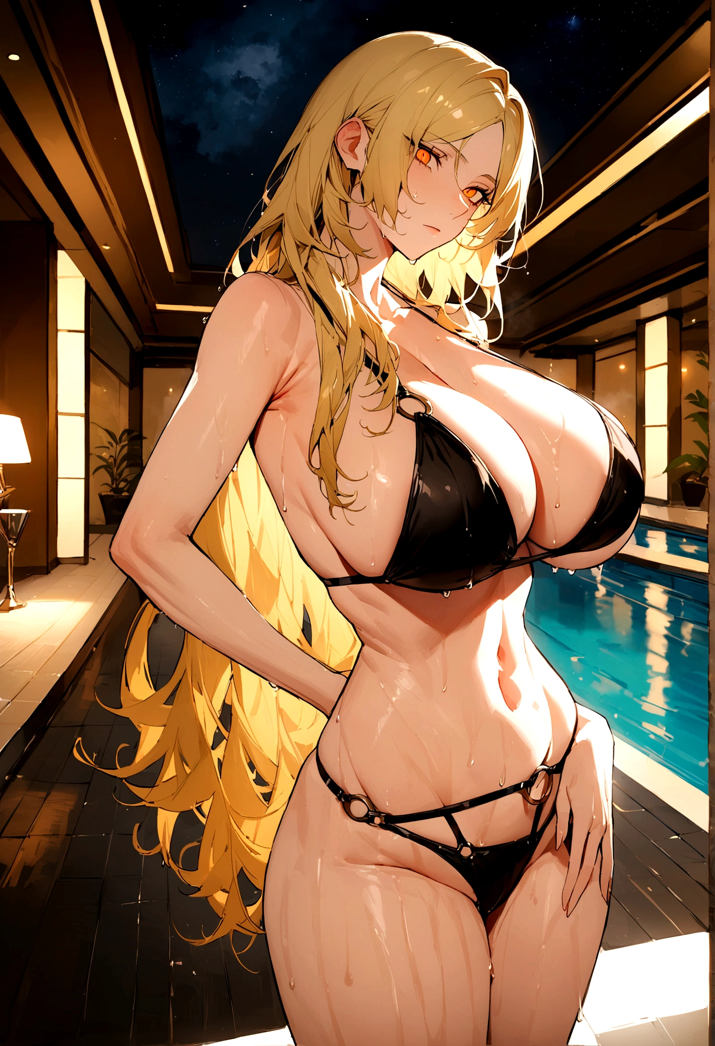 (masterpiece), best quality, expressive eyes, perfect face,Mlynar_\(Arknights\),mature woman,big breasts,[cleavage],black O-ring bikini,blonde hair,long hair,wavy,orange eyes,luxury indoor pool,expressionless,wet body,head tilt,nighttime,full body,standing,arched back
