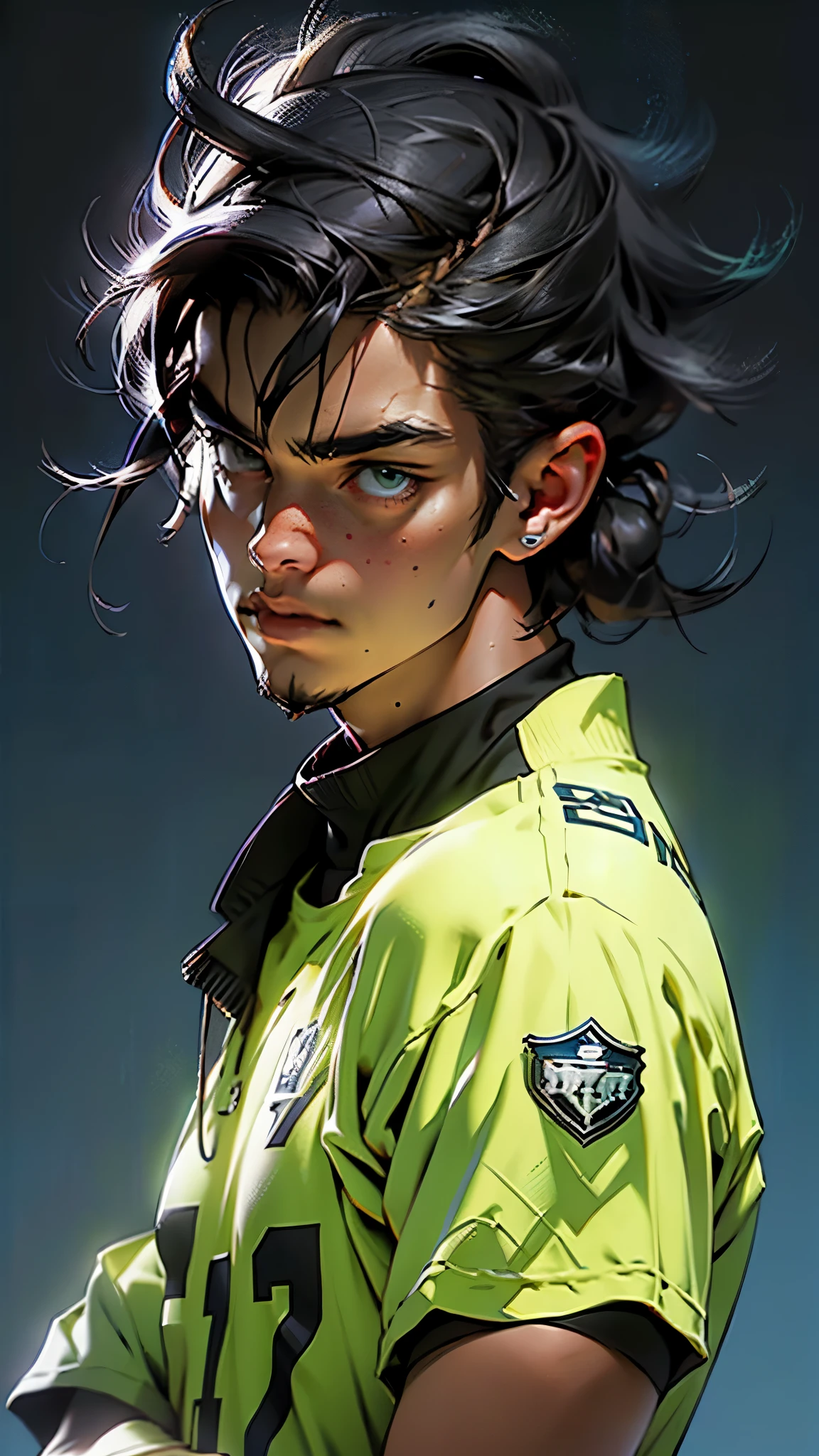cartoon of a male goalkeeper uniform catching a soccer ball, soccer player, sports team, created in Adobe Illustrator, soccer player, official art, football, official illustration, cyberpunk, city background, front view portrait