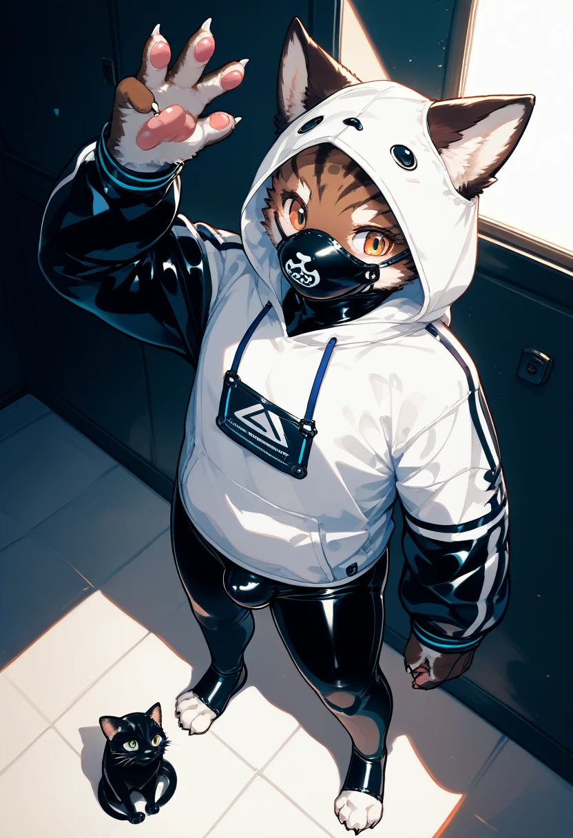 Highest quality, Highest quality, High quality illustrations, masterpiece, Ultra-high resolution, Detailed Background, Games Room, Absurd, Perfect Anatomy, performance, Good lighting, Shadows in the movies(kemono, Furry PersonifiCation), Cat, Dark Skin, Rubber suit, Rubber suit, latex, neon, neonライト, neonカラー, Rubber spats, White rubber hoodie,  Rubber mask, ribbon, Embarrassing, Null bulge, male, juvenile, from above