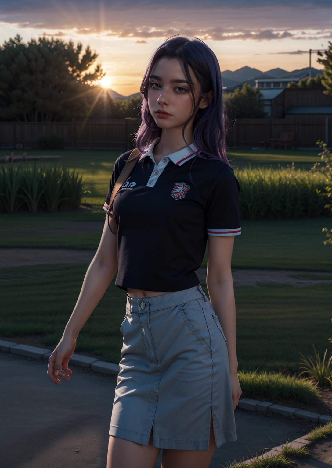 ((masterpiece)), ((best quality)), ((highres)), ((detailed background)), ((extremely detailed CG unity 8k wallpaper)), solo, gym girl body, natural lighting, sunset, ichinose kotomi, clannad uniform, blue skirt, black socks, hair ornaments, RAW UHD 8k photography, tarankaaa, 1girl blueish purple hair, library background, hyper realistic, photorealistic, 