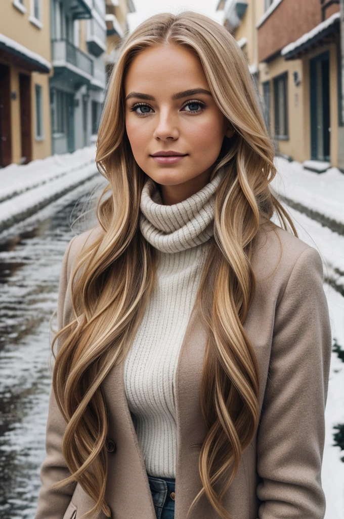proFessional portrait photograph oF a gorgeous Norwegian girl in winter clothing with long wavy blonde hair, sultry Flirty look, gorgeous symmetrical Face, lindo maquillaje natural, wearing elegant warm winter Fashion clothing, ((parado afuera en una calle nevada de la ciudad)), impresionante entorno urbano moderno, ultra realista, arte conceptual, elegant, muy detallado, Intrincado, sharp Focus, depth oF Field, F/1. 8, 85mm, Tiro medio, plano medio, (((proFessionally color graded))), bright soFt diFFused light, (volumetric Fog), tendencia en instagram, hdr 4k, 8k