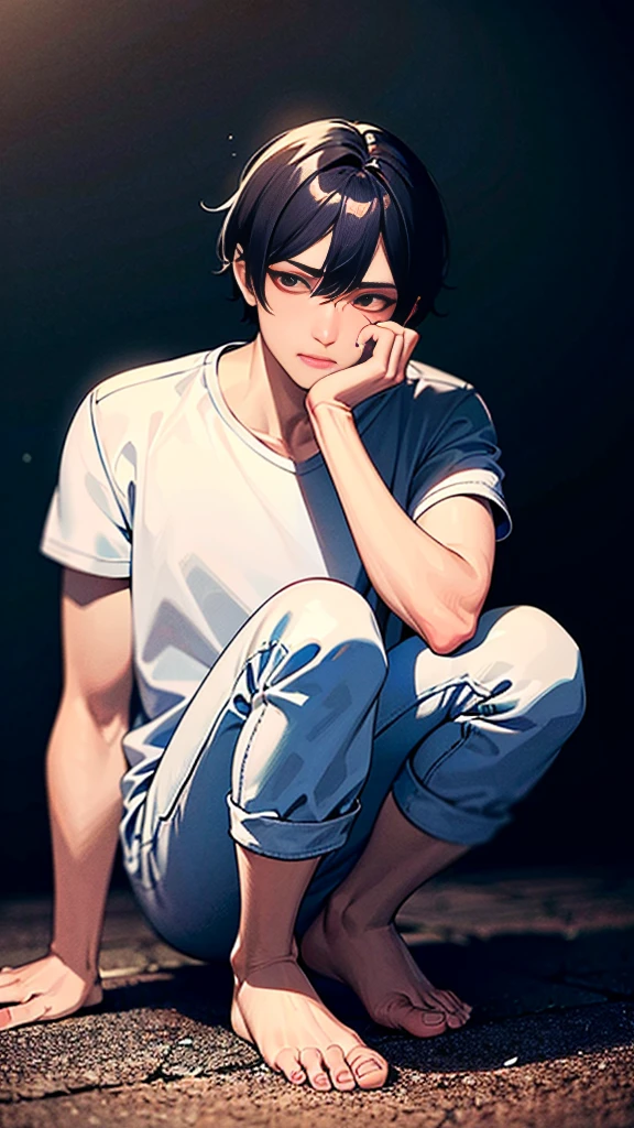 The person is also generated vertically.
Create a highly detailed image of a mysterious and thoughtful male character in a crouching position. The character should have spiky black hair and large, intense eyes. He is dressed in a loose-fitting white shirt and dark pants, with bare feet. The character's pose should convey deep contemplation, with one hand touching his lips and the other resting on the ground for balance. Background is a little horror.