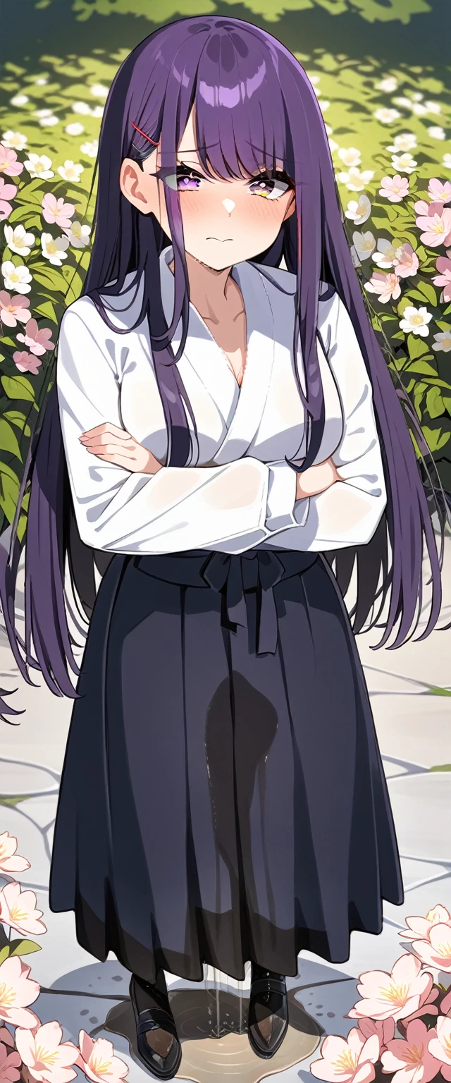 (masterpiece:1.37), best quality, (extremely detailed:1.37), (1girl:1.5), woman, (mature:1.5), (adult:1.5), large breasts, very long hair, (straight hair:1.5), (very dark purple hair:1.5), purple eyes, (extremely detailed eyes:1.37), (furisode:1.5), desperation, (wetting self:1.5), standing, (crossed arms:1.5), embarrassed, humiliation, blushing, angry, cherry blossoms, garden, (golden hour:1.5), full body