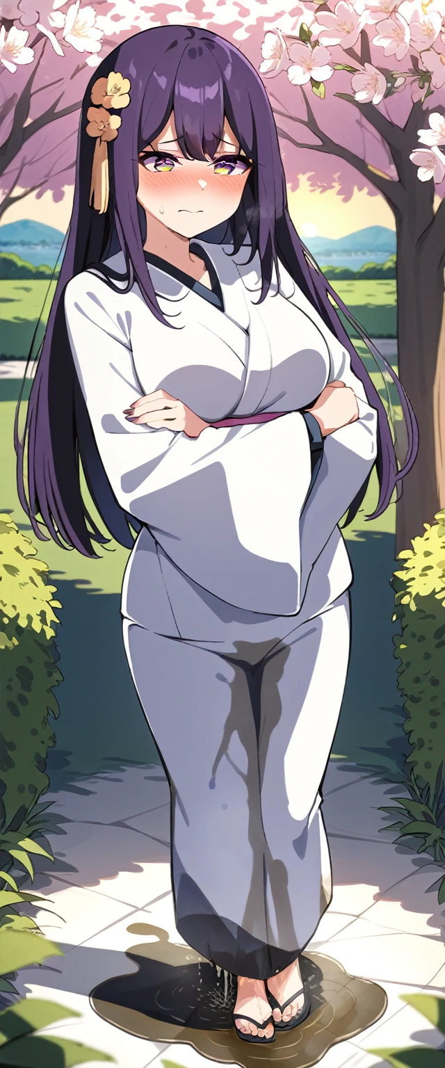 (masterpiece:1.37), best quality, (extremely detailed:1.37), (1girl:1.5), woman, (mature:1.5), (adult:1.5), large breasts, very long hair, (straight hair:1.5), (very dark purple hair:1.5), purple eyes, (extremely detailed eyes:1.37), (kimono:1.5), desperation, (wetting self:1.5), standing, (crossed arms:1.5), embarrassed, humiliation, blushing, angry, cherry blossoms, garden, (golden hour:1.5), full body