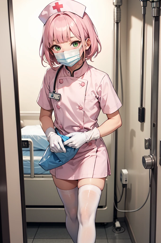 1boy, solo, male focus, nurse, white nurse cap, white nurse uniform, ((white legwear, zettai ryouiki)), white gloves, blunt bangs, pink hair, green eyes, drooping eyes, ((white surgical mask, covered nose)), standing, ((hospital room)), sharp outline, short sleeves, shota, 12 years old, best quality, masterpiece