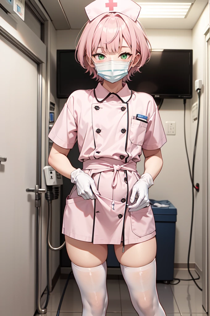 1boy, solo, male focus, nurse, white nurse cap, white nurse uniform, ((white legwear, zettai ryouiki)), white gloves, blunt bangs, pink hair, green eyes, drooping eyes, ((white surgical mask, covered nose)), standing, ((hospital room)), sharp outline, short sleeves, shota, , best quality, masterpiece