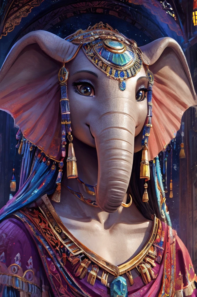 Create an illustrated, hand-drawn, full-color image of an anthropomorphic elephant woman. The artwork should be rendered in the style of "Breath of the Wild," featuring warm lighting and shadows. Include graphite shading, stencil marks, and airbrushed acrylic paint effects. The image should be of the highest quality, a masterpiece with intricate details. The elephant woman should have a female, humanoid, furry appearance with grey skin. She should have luscious lips, a wide smile, and bright, expressive eyes, exuding beauty, cuteness, and adorableness. Ensure the image is high resolution and sharply detailed, with a detailed and vibrant background. Incorporate mystical lighting in the background, creating a romantic and enchanting atmosphere.
