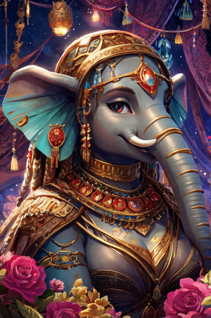 Create an illustrated, hand-drawn, full-color image of an anthropomorphic elephant woman. The artwork should be rendered in the style of "Breath of the Wild," featuring warm lighting and shadows. Include graphite shading, stencil marks, and airbrushed acrylic paint effects. The image should be of the highest quality, a masterpiece with intricate details. The elephant woman should have a female, humanoid, furry appearance with grey skin. She should have luscious lips, a wide smile, and bright, expressive eyes, exuding beauty, cuteness, and adorableness. Ensure the image is high resolution and sharply detailed, with a detailed and vibrant background. Incorporate mystical lighting in the background, creating a romantic and enchanting atmosphere.