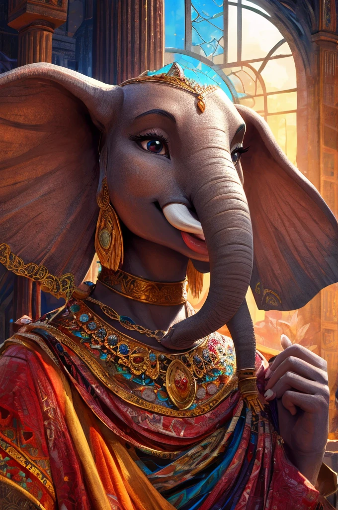 Create an illustrated, hand-drawn, full-color image of an anthropomorphic elephant woman. The artwork should be rendered in the style of "Breath of the Wild," featuring warm lighting and shadows. Include graphite shading, stencil marks, and airbrushed acrylic paint effects. The image should be of the highest quality, a masterpiece with intricate details. The elephant woman should have a female, humanoid, furry appearance with grey skin. She should have luscious lips, a wide smile, and bright, expressive eyes, exuding beauty, cuteness, and adorableness. Ensure the image is high resolution and sharply detailed, with a detailed and vibrant background. Incorporate mystical lighting in the background, creating a romantic and enchanting atmosphere.
