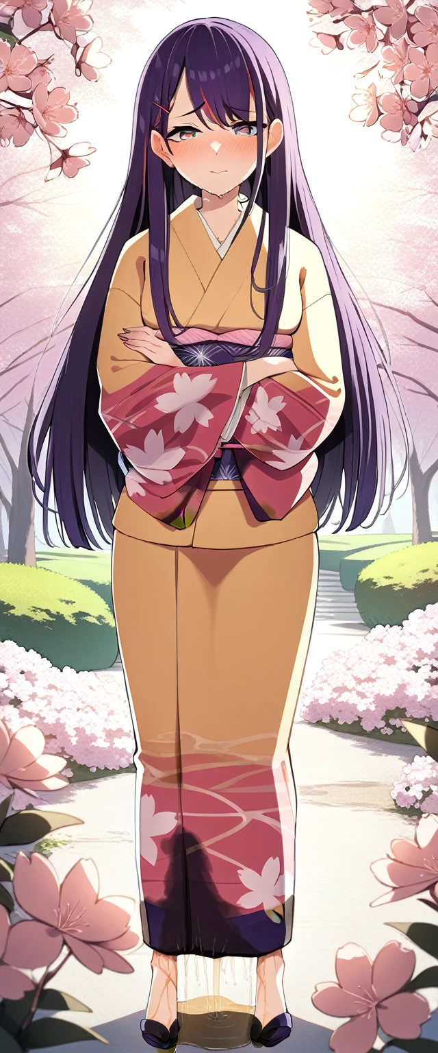 (masterpiece:1.37), best quality, (extremely detailed:1.37), (1girl:1.5), woman, (mature:1.5), (adult:1.5), large breasts, very long hair, (straight hair:1.5), (very dark purple hair:1.5), purple eyes, (extremely detailed eyes:1.37), (kimono:1.5), desperation, (wetting self:1.5), standing, (crossed arms:1.5), embarrassed, humiliation, blushing, angry, cherry blossoms, garden, (golden hour:1.5), full body