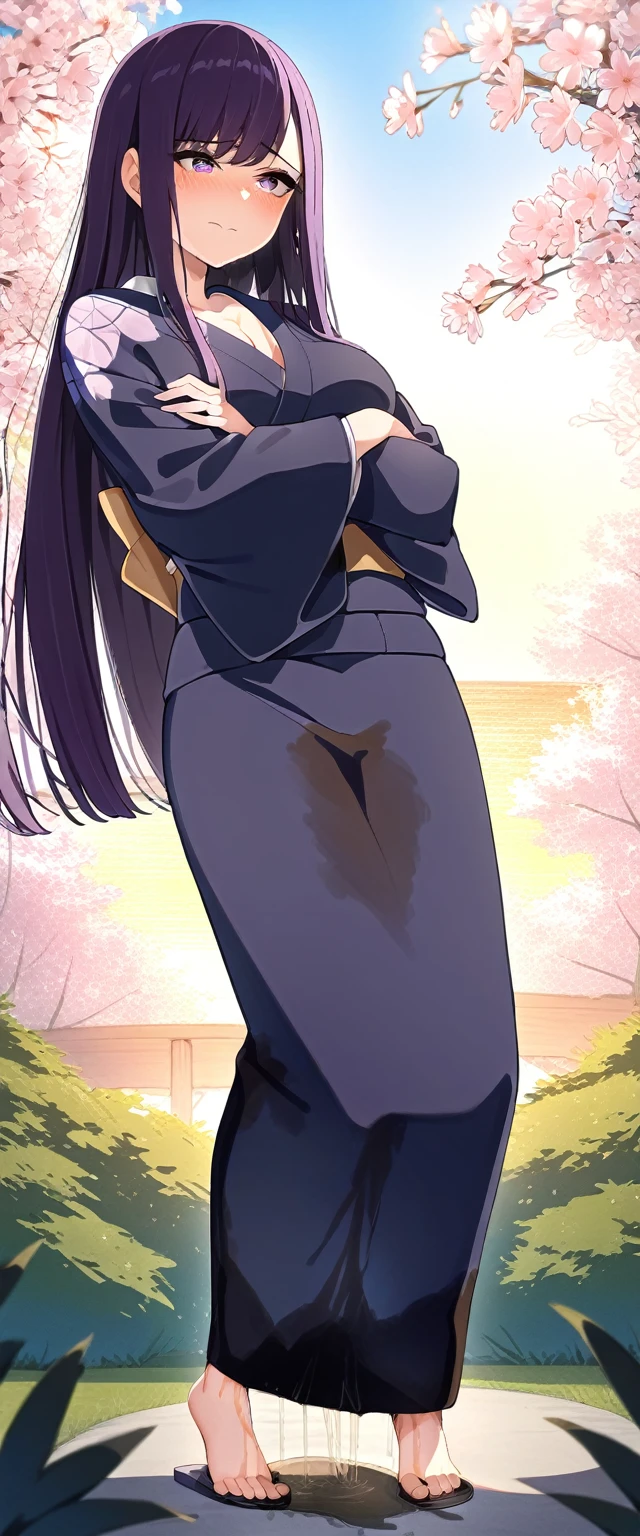 (masterpiece:1.37), best quality, (extremely detailed:1.37), (1girl:1.5), woman, (mature:1.5), (adult:1.5), large breasts, very long hair, (straight hair:1.5), (very dark purple hair:1.5), purple eyes, (extremely detailed eyes:1.37), (kimono:1.5), desperation, (wetting self:1.5), standing, (crossed arms:1.5), embarrassed, humiliation, blushing, angry, cherry blossoms, garden, (golden hour:1.5), full body