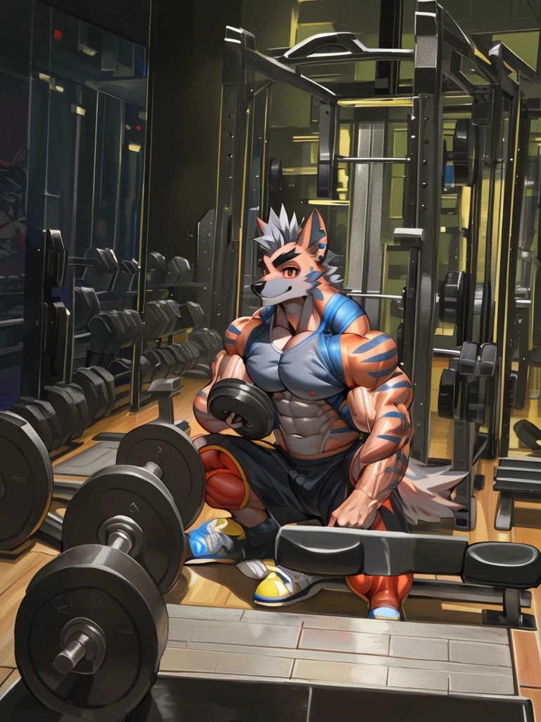 a white tiger mercenary in a gym, shirtless and topless, black gym shorts, fingerless gloves, gym shoes, dumbbell bench presses, muscular, dynamic pose, intricate details, cinematic lighting, photorealistic, 4k, high resolution, best quality, masterpiece