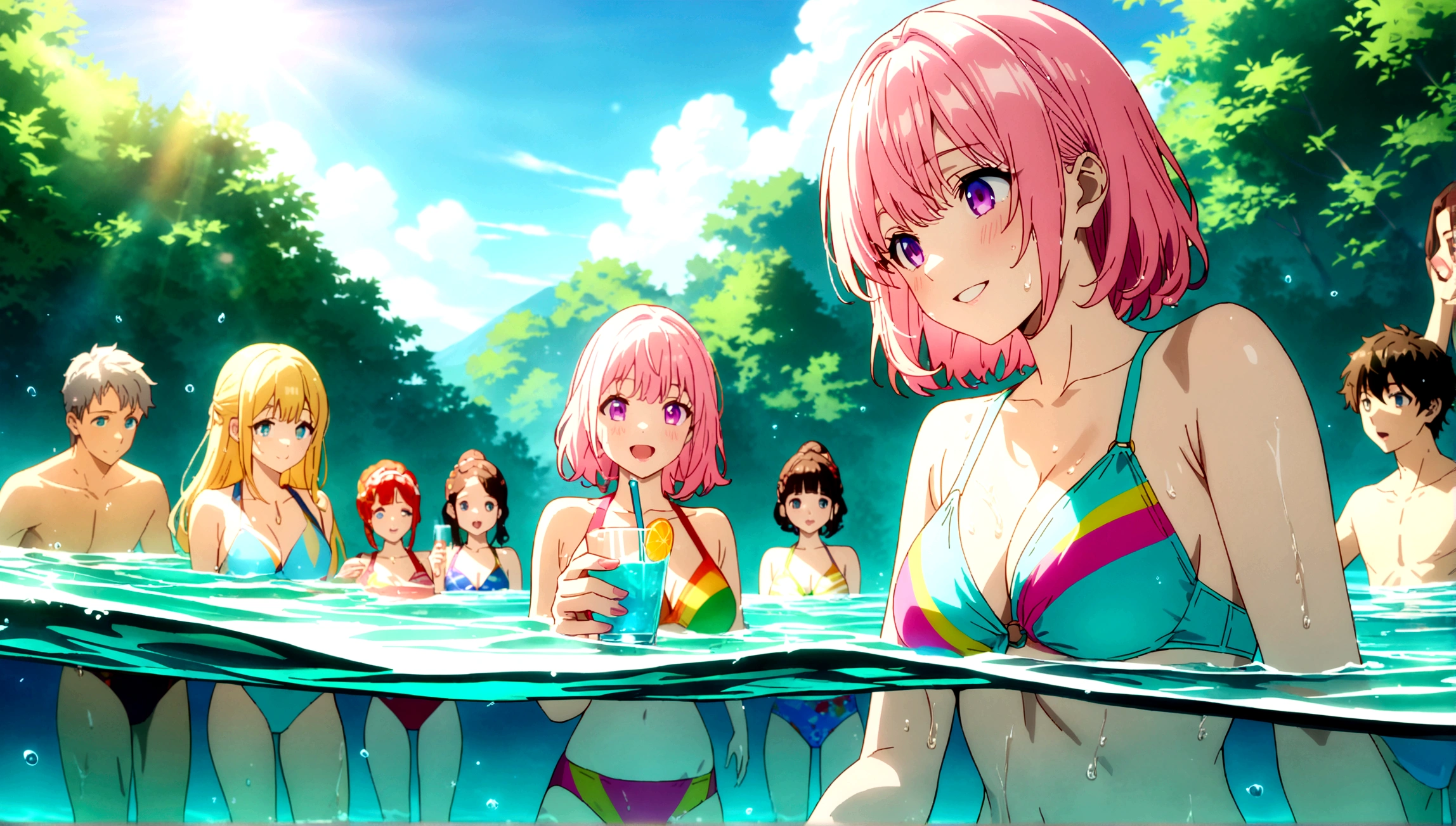 a group of boys and girls cheers at a poolside party, jog of juice, glass of cocktail, smile, long eyelashes, colorful swimsuits, splashing water, vibrant colors, warm sunlight, reflections in water, lush greenery, (best quality,4k,8k,highres,masterpiece:1.2),ultra-detailed,portraits,vivid colors,HDR,studio lighting,anime screencap,