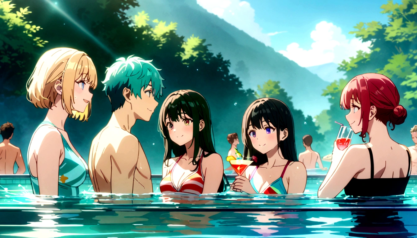 a group of boys and girls cheers at a poolside party, jog of juice, glass of cocktail, smile, long eyelashes, colorful swimsuits, splashing water, vibrant colors, warm sunlight, reflections in water, lush greenery, (best quality,4k,8k,highres,masterpiece:1.2),ultra-detailed,portraits,vivid colors,HDR,studio lighting,anime screencap,