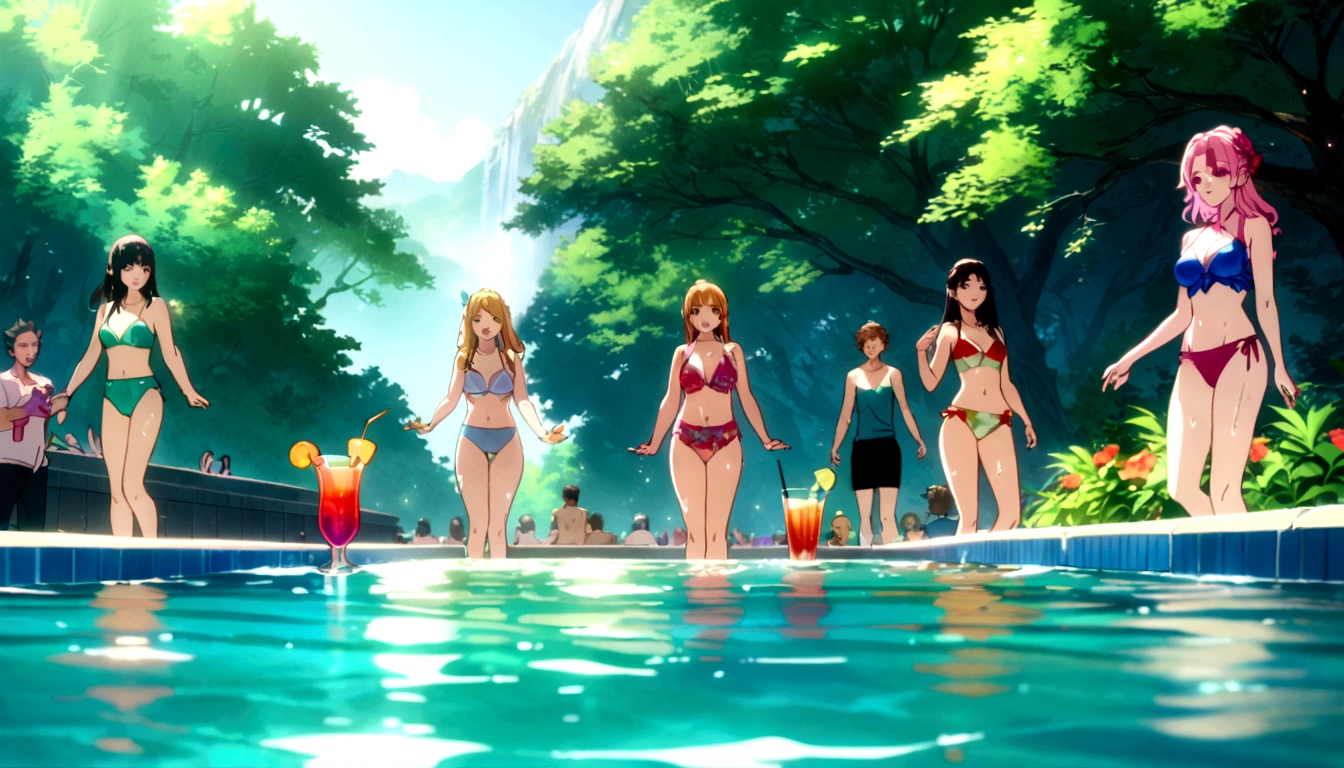 a group of boys and girls cheers at a poolside party, jog of juice, glass of cocktail, smile, long eyelashes, colorful swimsuits, splashing water, vibrant colors, warm sunlight, reflections in water, lush greenery, (best quality,4k,8k,highres,masterpiece:1.2),ultra-detailed,portraits,vivid colors,HDR,studio lighting,anime screencap,