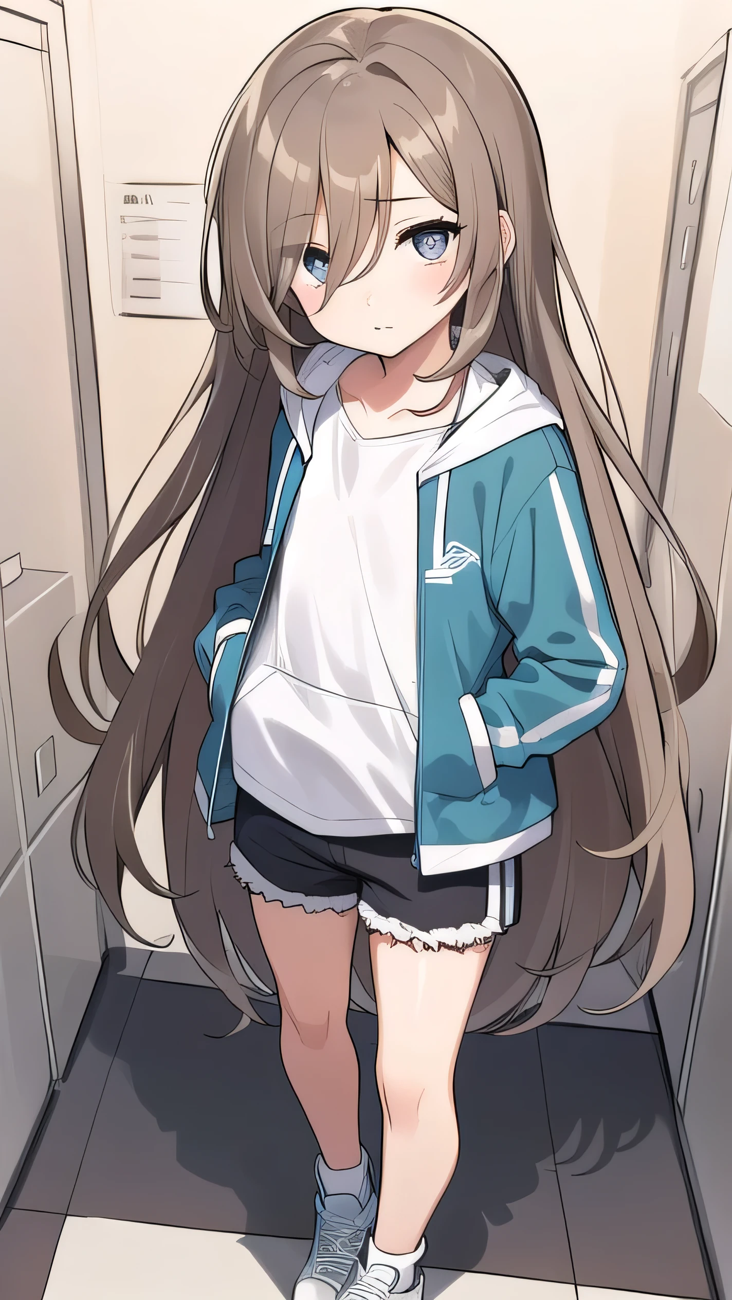 Girl, ( light brown hair :1.5), (gray eyes:1.2), (big eyes: 1.1), (sagging eyes: 1.5), (very long hair:1.1), hair between eyes, cyan long-sleeved hoodie, white T-shirt, dark blue shorts, white sneakers, (flat chest), (straight hair), very short, only , droopy eyes, wearing a jacket, 11 years old, wearing a jacket,, (short height:1.3), young face , sleepy face, smooth straight hair, locker room,