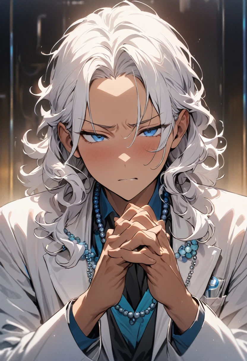 (( straight face picture )) ((best quality)), (Masterpiece)), (details), ( Beautiful colors ) ( ornamentation ) ,doctor ,young man , Tanned skin , white hair ,blue eyes ,Shoulder-length hair ,Slightly curly hair , open forehead , suit ,doctor , Show off the beads. ,hands together