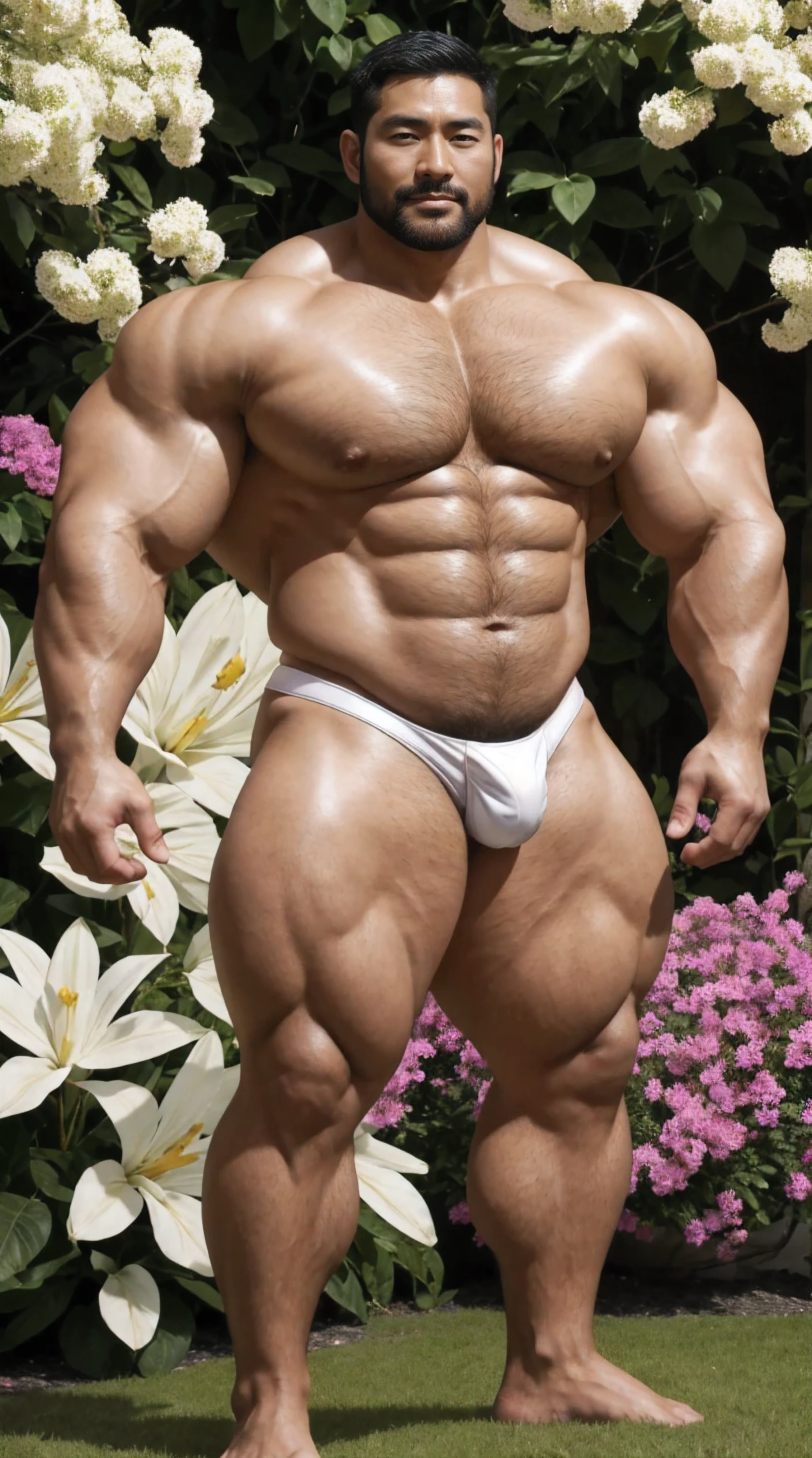 There is only one handsome Asian actor in the photo，35 years old，High target, Fitness，short hair, O-Shaped Beard，Perfect body, Dark skin color，Radiant Skin，Smooth skin，Shiny, shiny skin，Smooth pectoral muscles，No chest hair，No body hair，Muscle bulge, muscular, Very large pectoral muscles，Very sexy abdominal muscles，Very well-developed leg muscles，Huge concave and convex area，Brightens oily skin，Wearing a white leather thong，Handsome face，Normal human toes，Correct and accurate male body proportions,，Standing in the fantasy flowers, charming dream scene, Lots of flowers in the background，Create a mysterious and charming feeling。
