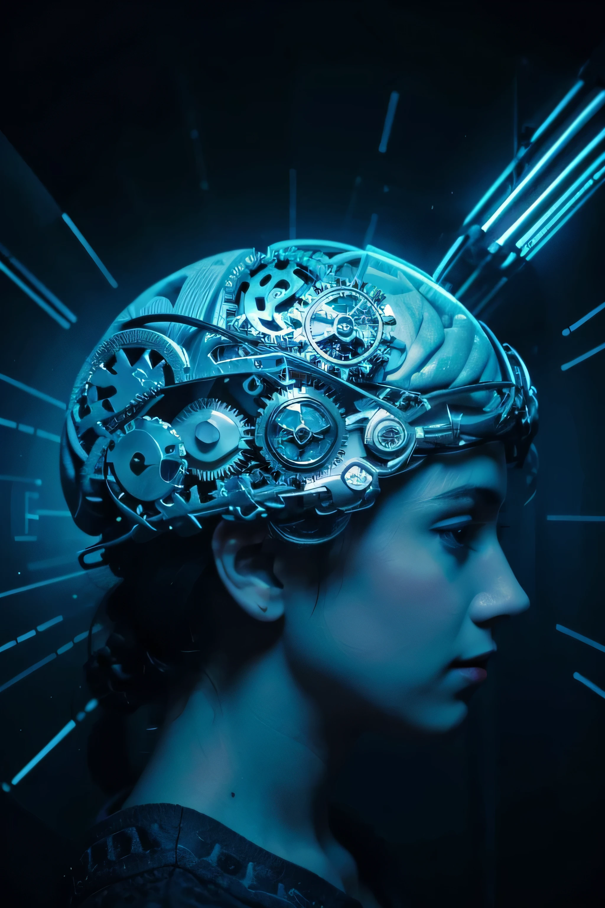 beautiful mind, showing how brain works, light effects, gears on brain, with blue background