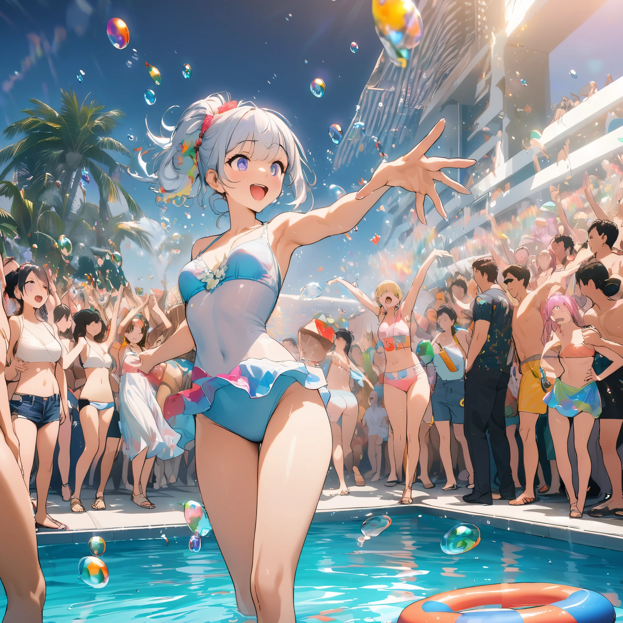 best quality, super fine, 16k, 2.5D, delicate and dynamic depiction, pool party, many different races and people in swimsuits frolicking in the water or on swim rings, bubble shower, colorful cocktails, big crowd, everyone having fun, party effect