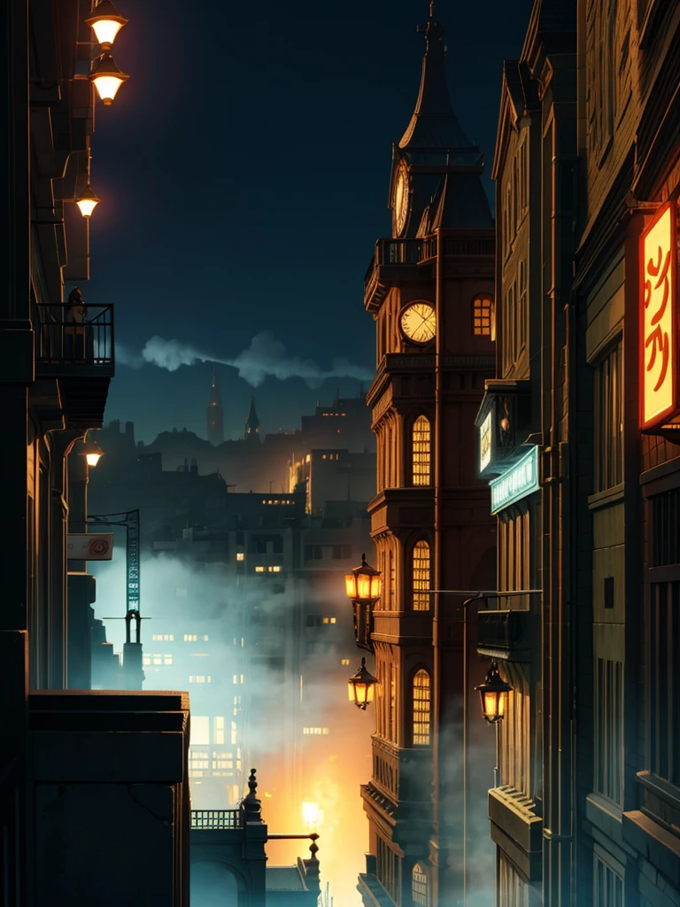 night,steampunk city,fatory,fog,smoke