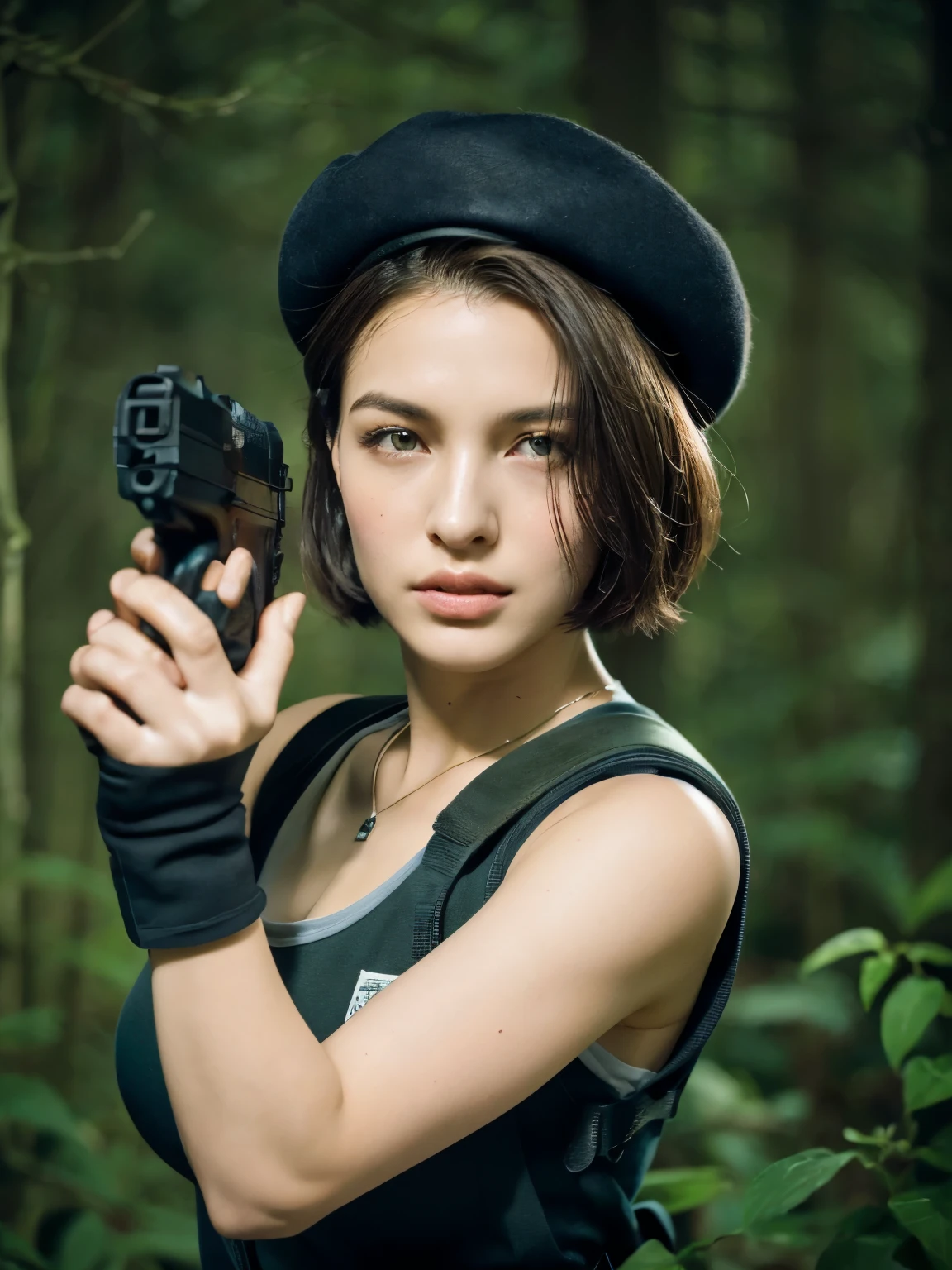 (highest quality:1.2, masterpiece), 8K, Professional Lighting, Cinematic Lighting, RAW Photos, Ultra-realistic photos, hyper detailed portrait, 1girl, Jill Valentine of RE1 series, a character of ‘resident evil’, (black hair, bob short), (beret, short sleeve shirt, gun belt, shoulder pad, fingerless gloves, long pants, boots), ((ultra huge breasts, ultra huge cleavages, ultra huge tits, ultra huge boob)), slim waist, perfect slim body, detailed face, detailed eyes, fine eyes, ((ultra realistic exterior of deep spooky forest, ultra detailed exterior of deep spooky forest, vines, climbing ivy, dark atmosphere, gloomy forest, realistic fog, detailed mist)), (((night time, mid night forest view))), (((ultra realistic gesture of aiming pistol to viewer, ultra detailed motion of aiming pistol to viewer))), 