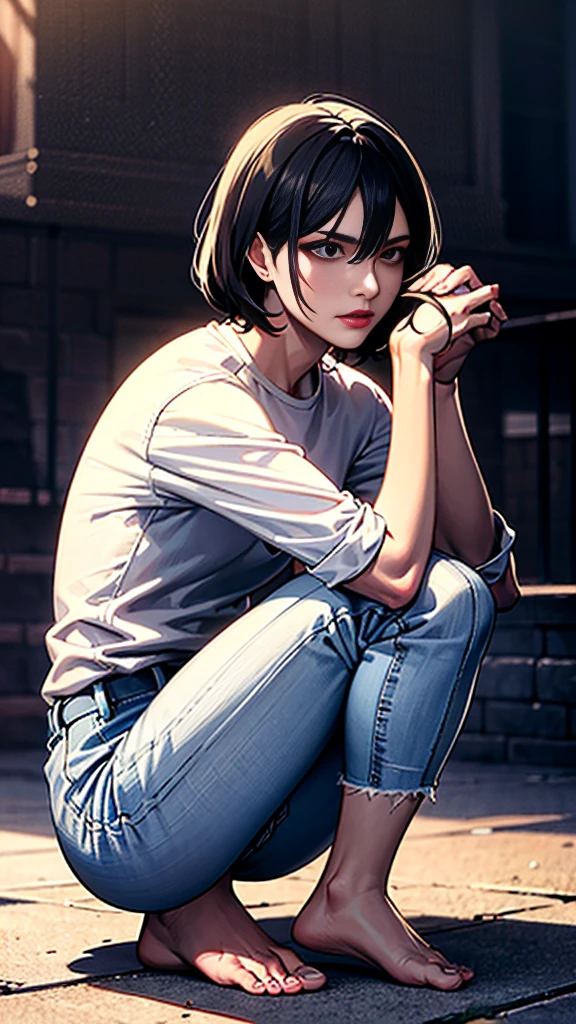 The person is also generated vertically.
Create a highly detailed image of a mysterious and thoughtful male character in a crouching position. The character should have spiky black hair and large, intense eyes. He is dressed in a loose-fitting white shirt and dark pants, with bare feet. The character's pose should convey deep contemplation, with one hand touching his lips and the other resting on the ground for balance. Background is a little horror.