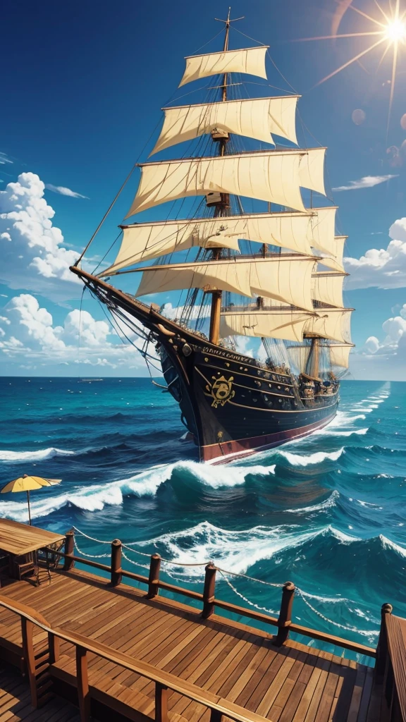 Background image: one piece anime, black and yellow pirate ship, wide view of the deck,