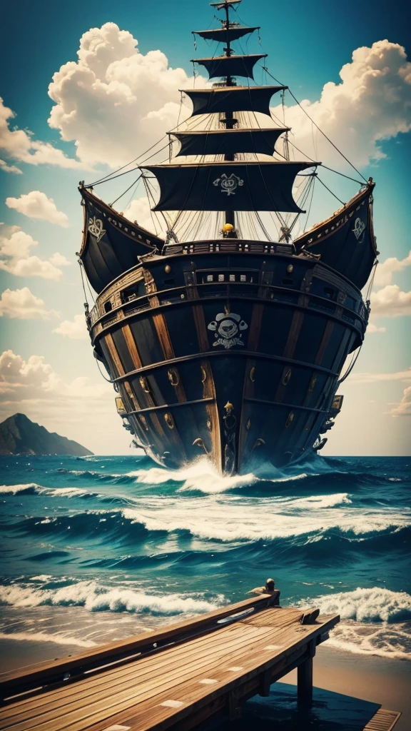 Background image: one piece anime, black and yellow pirate ship, wide view of the deck,