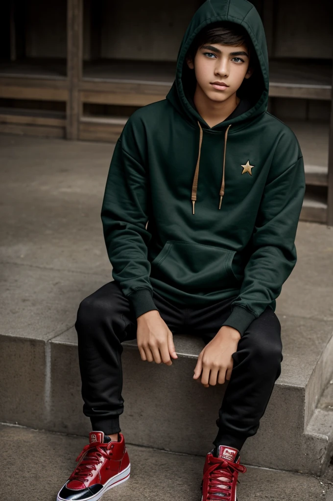 A -yeld boith green eyes and golden skin, wearing a black Lash hoodie and red L-Star shoes.