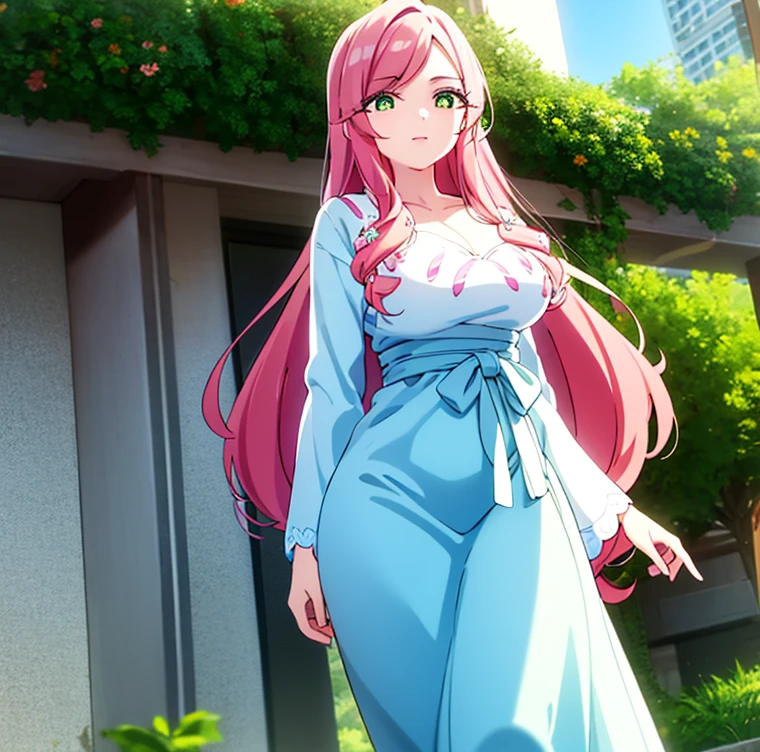 1 girl, alone, hahari hanazono, long hair, bangs, (green eyes: 1.2), pink hair, flower, hair flower, smile, (pink blouse), white floral print, bare waist, tight blue jeans, outdoors, city, walking, from behind looking at viewer, pov(from below), masterpiece: 1.2), best Quality, high resolution, Unity 8k wallpaper, (artwork: 0.8), green eyes (beautiful detailed eyes: 1.6), extremely detailed face, perfect lighting, extremely detailed CG (perfect hands, perfect anatomy), large breasts, medium waist. , wide hips, medium thighs, round butt