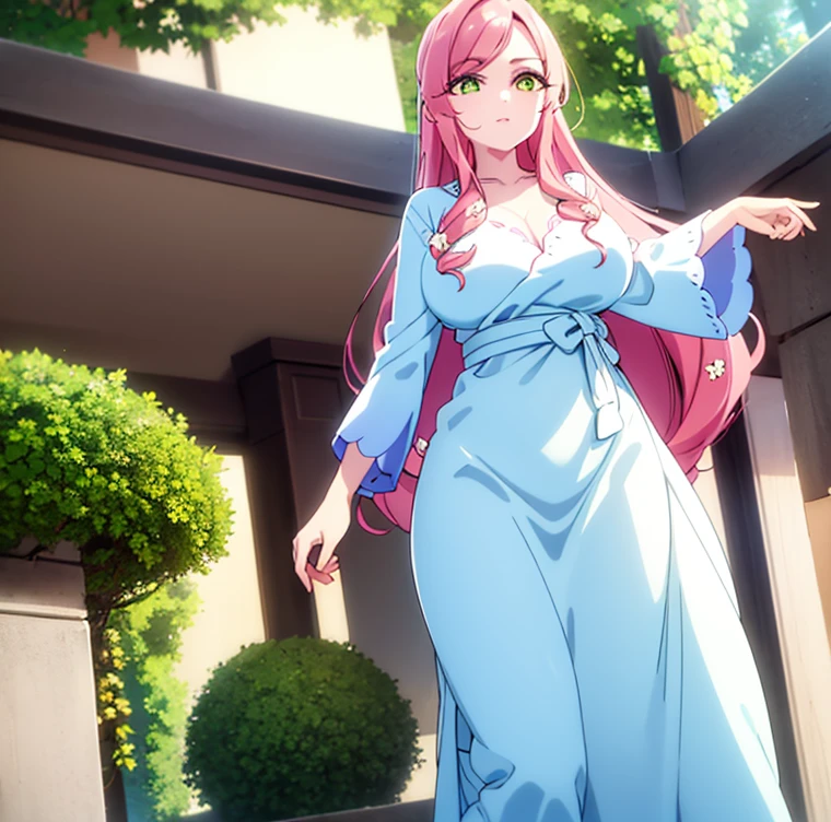 1 girl, alone, hahari hanazono, long hair, bangs, (green eyes: 1.2), pink hair, flower, hair flower, smile, (pink blouse), white floral print, bare waist, tight blue jeans, outdoors, city, walking, from behind looking at viewer, pov(from below), masterpiece: 1.2), best Quality, high resolution, Unity 8k wallpaper, (artwork: 0.8), green eyes (beautiful detailed eyes: 1.6), extremely detailed face, perfect lighting, extremely detailed CG (perfect hands, perfect anatomy), large breasts, medium waist. , wide hips, medium thighs, round butt