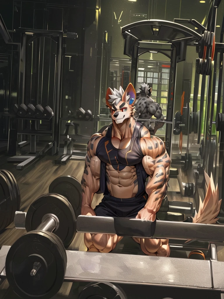 there is a man sitting on a bench in a gym, working out, in a gym, muscular!!, lifting weights, with abs, super buff and cool, muscular!, bursting with muscles, ((trending on E621, trending on Furaffinity digital media, trending on Artstation, trending on twitter , digital painting, digital media, digital paint, digital illustration, (masterpiece))) BREAK ((by vorusuarts, by kuroma, by nullghost, by raccoon21)) , BREAK ((((Full body(((hyper muscles))))))) ((((((anthro, anthrofield, (grey hyena)))))) | break | handsomeface,((((((elderlyface)))))), age_up_face , (((wildface)))))))), ((((((((charming)))))))) BREAK (((((hypermuscle:1.6| hyperpecs:1.4)))))))), (((detailed eyes,red_eyes:1.8))) | (((gray fur | finger claw | )))) | (((((((( gray hair | black eyebrow | short hair | black goatee hair | spiky_black_Ear_piercing))))))))) | BREAK (((((thick eyebrows))))) | BREAK (best quality | 8k | hi-res)) BREAK (((perfect face))) | BREAK((((((gym background))))