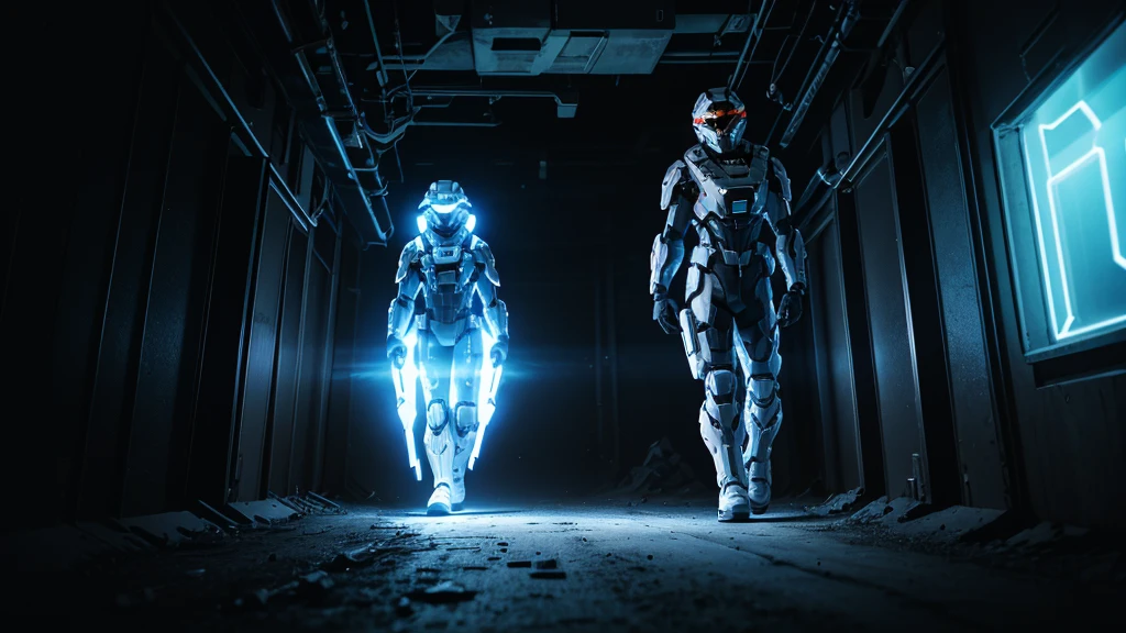 long shot, walking through a portal to another world,full body shot of halo of heavens cyberpunk soldier wearing mask that's glows red in the eyes, wearing all white with a halo, walking through a portal to another world, high detail,  wide shot, 4K, 3D, REALISTIC, (iridescent glow smoke), UHD, 32K, very bold neon colors, black light, neon light