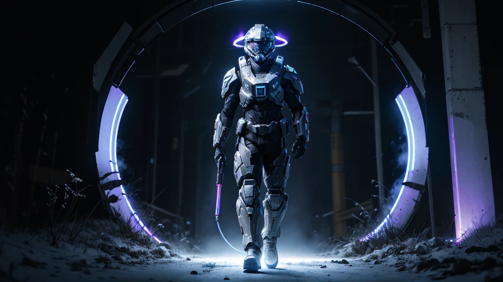 long shot, walking through a portal to another world,full body shot of halo of heavens cyberpunk soldier wearing mask that's glows red in the eyes, wearing all white with a halo, walking through a portal to another world, high detail, wide shot, 4K, 3D, REALISTIC, (iridescent glow smoke), UHD, 32K, very bold neon colors, black light, neon light