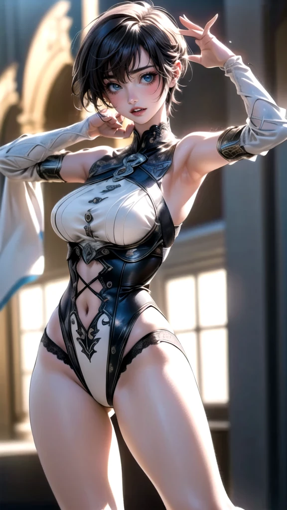 (Thin type),(large breasts),(random dance pose:1.5),(short hair),(Highest image quality,(8K), Ultra-realistic, Best Quality, High quality, High Definition, high quality texture, high detailing, Beautiful detailed, fine detailed, extremely details CG, Detailed texture, realistic representation of face, masterpiece, presence), form back, perfect ass
