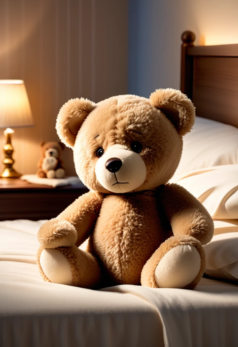 A teddy bear with a bandaged arm, sitting on a bed. The teddy bear has a sad expression and a small tear in its eye. The room is softly lit, with a cozy and comforting atmosphere.