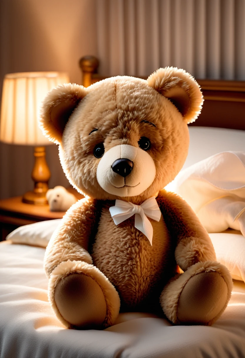 A teddy bear with a bandaged arm, sitting on a bed. The teddy bear has a sad expression and a small tear in its eye. The room is softly lit, with a cozy and comforting atmosphere.