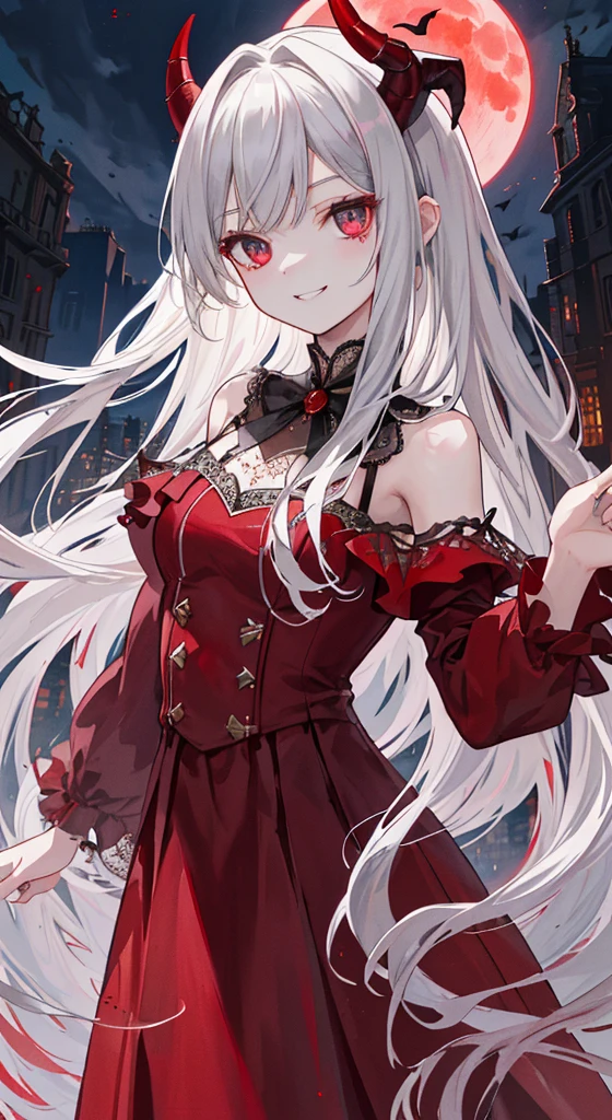 masterpiece: 1.2, Highest quality), (Best lighting, Very delicate and beautiful), (Best lighting, Very delicate and beautiful), (Beautifully detailed face), (Detailed eyes and detailed face: 1.2), Dark fantasy, vampire, (Young girl, Little Beast, One girl, alone, Long Hair, Gray Hair, Cowboy Shot, View your viewers, 、(Grinning smile),Laughter, (Yandere), Blood came out of my face.,,cadaver、Covered in blood、Blood splatter、Dark shades、 Red Moon, night , Demon King, city, tooth, Horn, Dark dress, Demons, Devil&#39;s Wings, Pointed Ears, Glowing Eyes, Scythe, Dark atmosphere