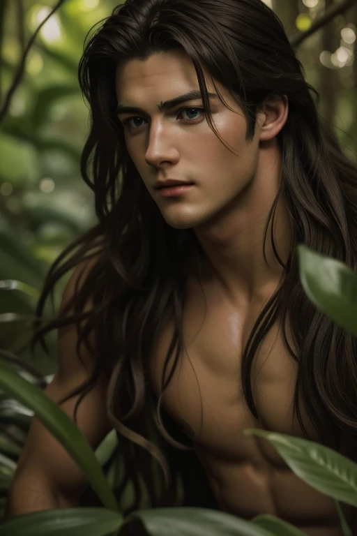 full body photorealistic shots  still of young Cody Christian as long haired Tarzan in the jungle in a high budget film, natural light photo, Canon 85L f2. 8, ISO320, 5000K colour balance, Miki Asai Macro photography, close-up, hyper detailed, trending on artstation, sharp focus, studio photo, intricate details, highly detailed, by greg rutkowski, in action 