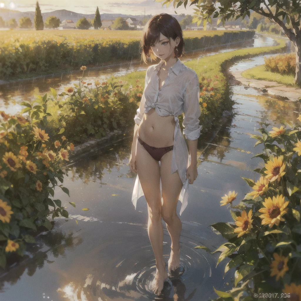 Exquisite, slender, delicate girl with a perfect gentle face of the southern type (with short dark burgundy hair) with freckles (with ruby earring) in the rays of the rising sun, naked with tender bare breasts with pink swollen nipples ((barefoot)) ((in an unbuttoned open burgundy shirt over a naked body and in small burgundy panties)) (on the veranda in the garden) Drinks (coffee) and looks at the flowers, in watercolor style, discreet light shades, Flares, (imitation of film photography), against the sun, a lot of sun glare, light fills the frame, olive and grape groves, strong wind, Brick Road, high image quality, Maximum detail, sunset lighting, Warm evening shades, (warm golden and olive sunset light), big space eyes, olive and grape groves, Brick Road, ((brick house, coffee, coffeeйные чашки, coffeeйник)), ((Pouring rain, rain jets, puddles, девушка бежит barefoot под дождём))