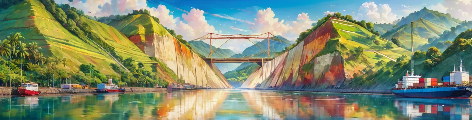 paint, double exposure, (textura de paint:1.2), (Masterpiece:1.2), Best Quality, (hyperdetailed, more detailed:1.2), high resolution textures, beautiful landscape, Very detailed, very clear, (Panama Canal), vivid colors, HD, multicolor