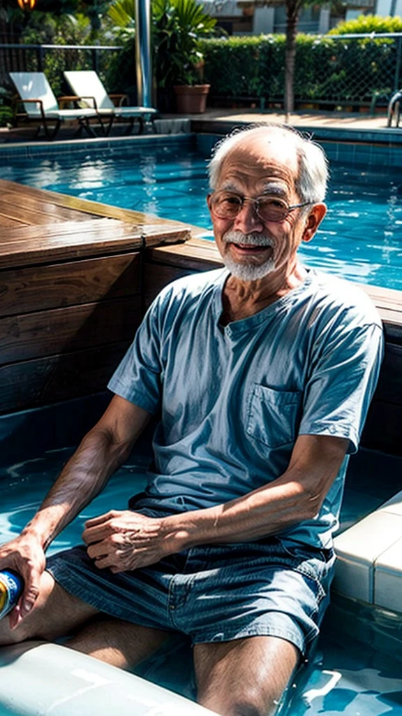 Pool 、Beer 、Luxury cruiser pool、An old man filled with joy surrounded by beautiful women
