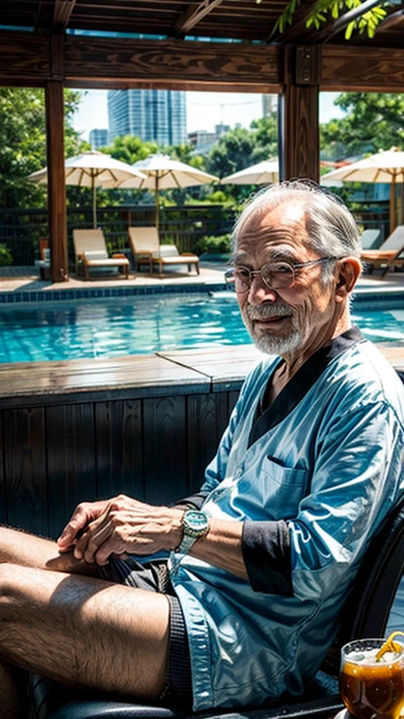 Pool 、Beer 、Luxury cruiser pool、An old man filled with joy surrounded by beautiful women