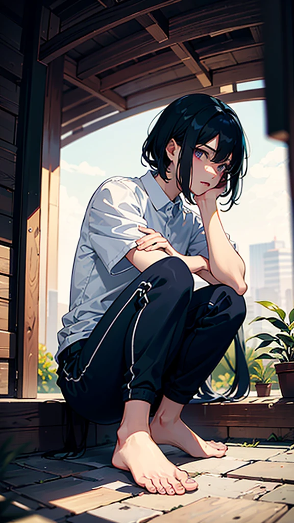 The person is also generated vertically.
Create a highly detailed image of a mysterious and thoughtful male character in a crouching position. The character should have spiky black hair and large, intense eyes. He is dressed in a loose-fitting white shirt and dark pants, with bare feet. The character's pose should convey deep contemplation, with one hand touching his lips and the other resting on the ground for balance. Background is a little horror.