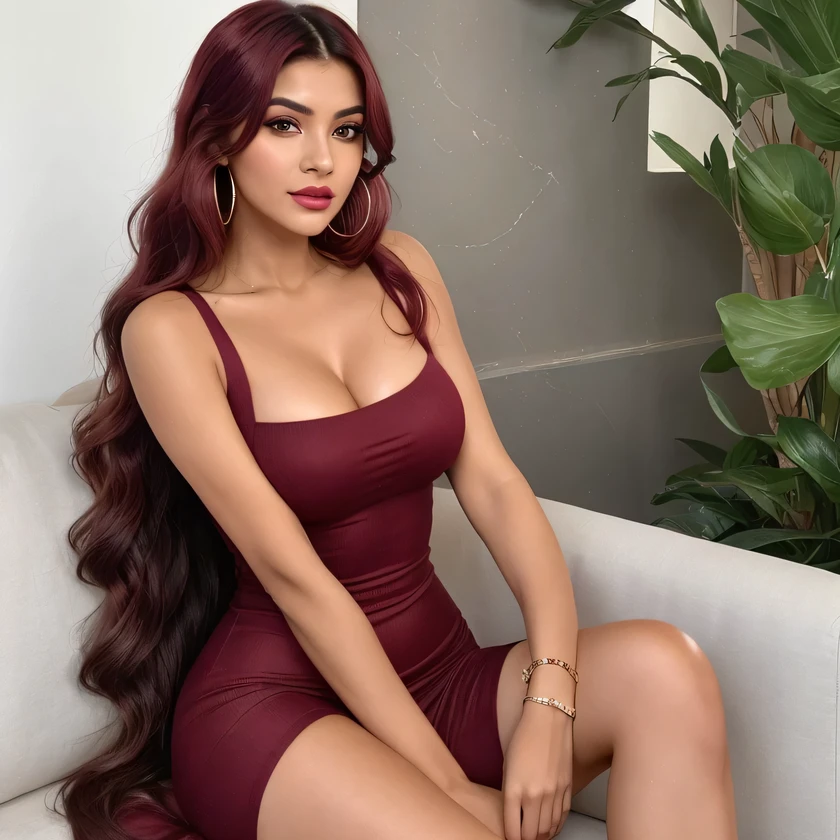 "Generate an image of Marina, a 25-year-old modern Indian influencer, in a realistic setting. She is wearing a tight-fitting, sleeveless, red bodycon dress with a scoop neckline that ends above the knee, accentuating her figure with an increased bust size, and half-showing her breast. Her hair is medium-length, straight with slight waves at the ends, and styled in a high ponytail with a matching red hair tie. Marina's hair color is a deep, reddish-purple hue that’s bold yet sophisticated. Her makeup is natural, featuring highlighted cheekbones, soft pink lips, and defined eyebrows. She is sitting comfortably with her legs bent and her arms resting on her thighs, exuding a relaxed and confident demeanor. She has a soft smile on her face and is wearing small hoop earrings. The overall look is stylish and sophisticated, perfect for her daily life and fashion influencer persona."